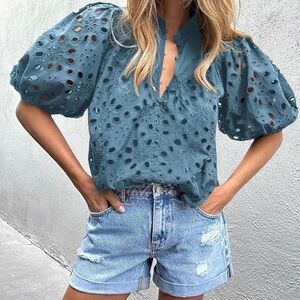 Elegant Blue Eyelet Women's Top